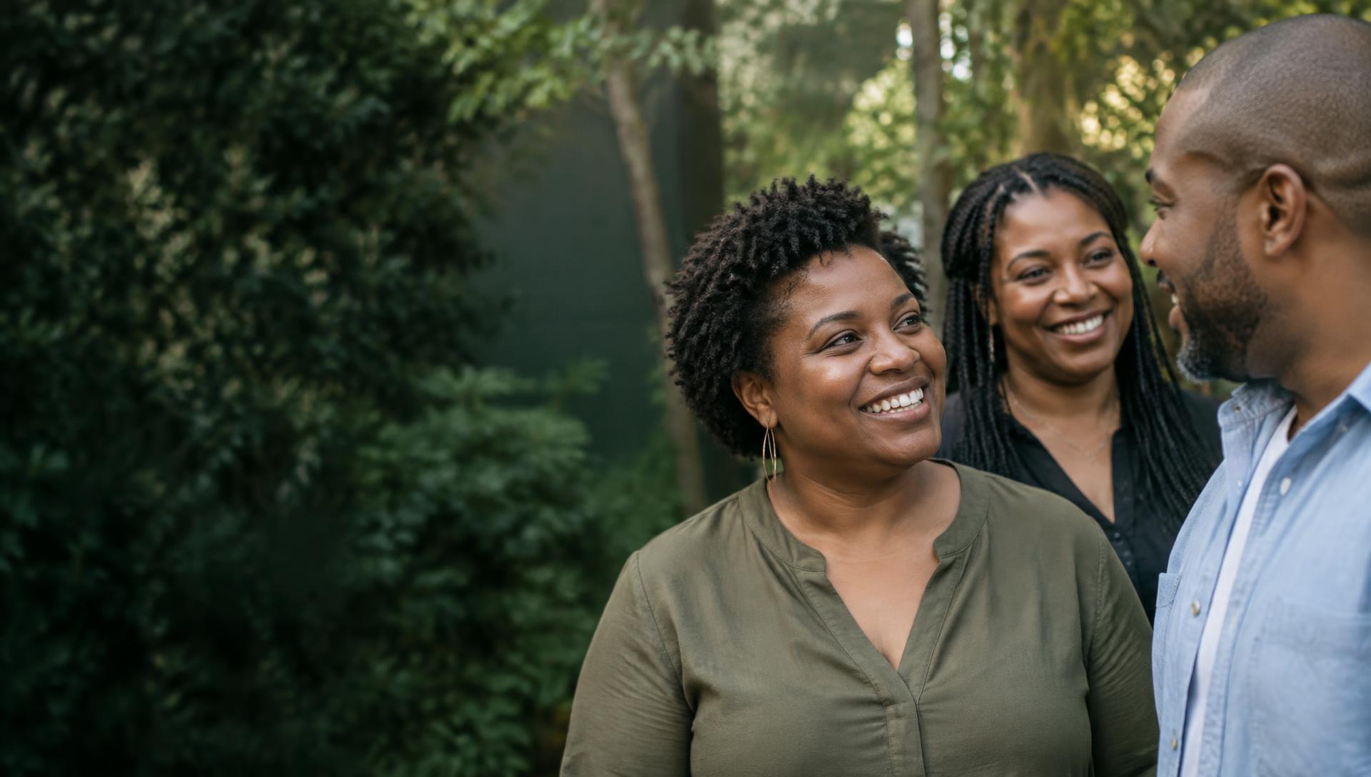 Three people sharing a warm conversation in a leafy courtyard
